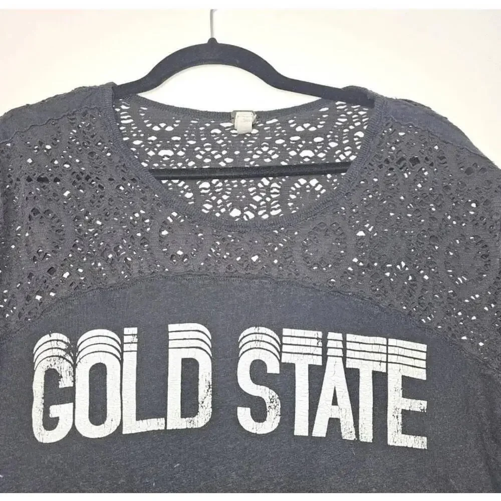 Free People Gold State Black Distressed Tee Vintage Style Size M